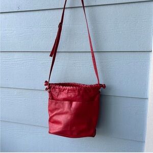 Elegant Red Leather Shoulder Bag Drawstring Purse
